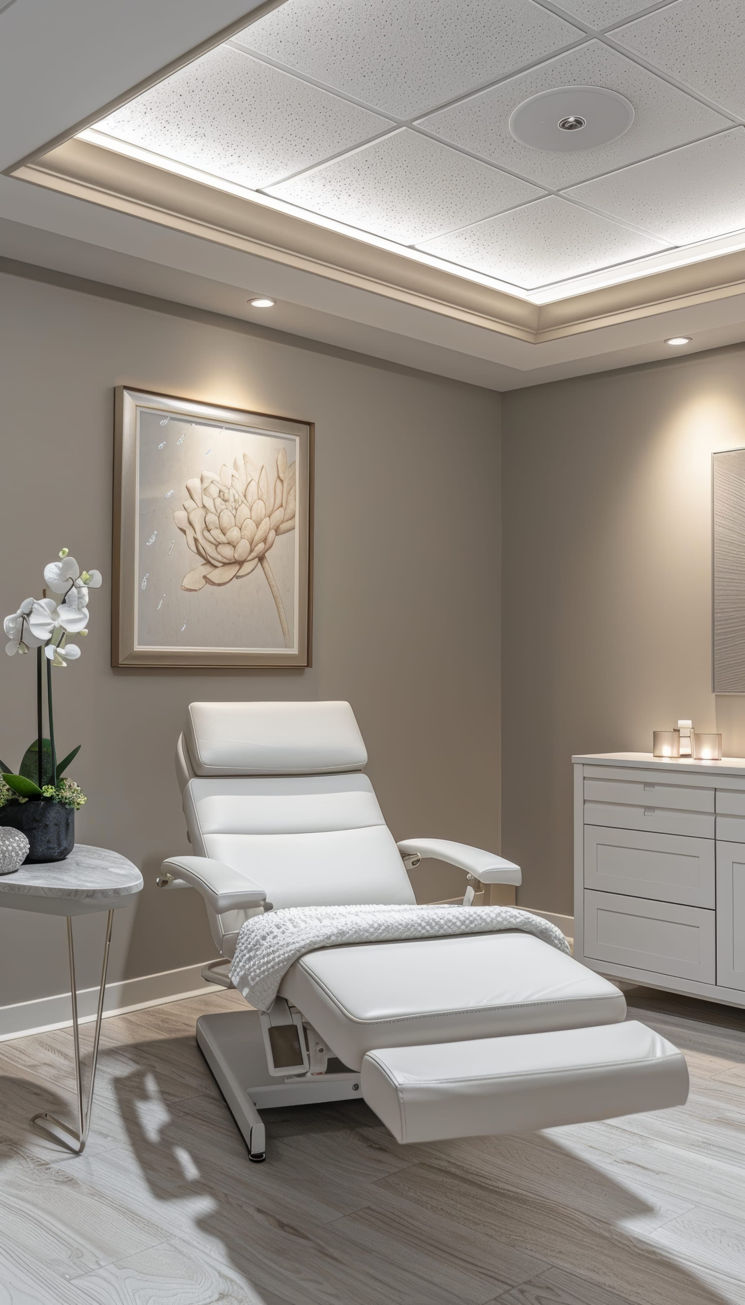 Calm treatment room with a reclining chair and soft lighting